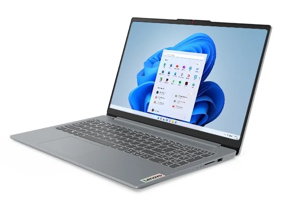 Lenovo IdeaPad Slim 3i Gen 8 laptop in Arctic Grey open 90 degrees, angled to show right-side ports.