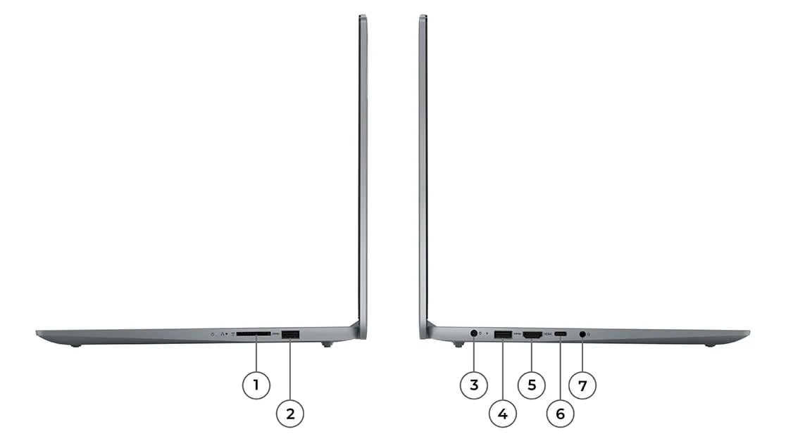 Two back-to-back profile views of the Lenovo IdeaPad Slim 3i Gen 8 laptop showing ports & slots on right & left sides.