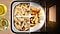 Shows potato slices being deep fried in lots of oil, next to potato slices being fried with very little oil using Slim Fry™. A bar with an †Oil' icon compares the amount of oil used by both methods. The text says †Use less oil than deep fry'.