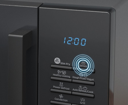 Shows the control panel of the microwave oven with the position of the "Sensor Cook" button highlighted.