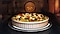 Shows the inside of the microwave oven with a round vegetable flan that fits on the turntable. An arrow indicates that the turntable can rotate while the food is being cooked.