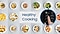 Shows a close-up of someone pressing the Healthy Cooking button on the microwave oven's control panel. It is surrounded by various healthily cooked foods, like salmon steaks, boneless chicken, pasta dishes and vegetables, such as egg plant/brinjal, green beans, peppers and potatoes.